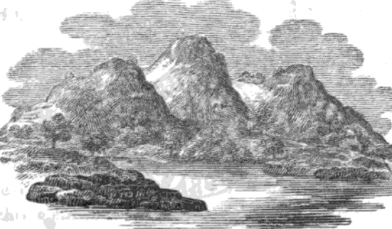 Black and white print of three small mountains that make up the Trimount in Boston