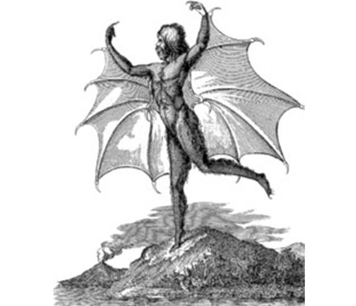 Sketch of man with bat wings.