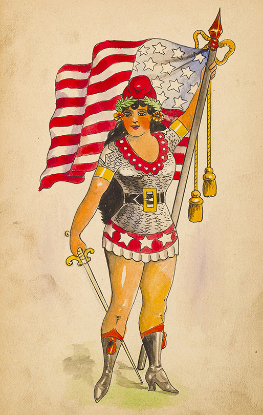 Tattoo of watercolor of a woman with flag and sword