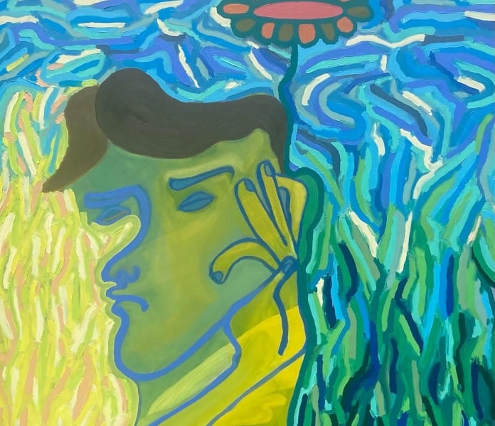 Vibrant green, blue, and yellow lines show an impressionistic painting of a face in tall grasses. A red and brown stylized flower is at the top of the painting.