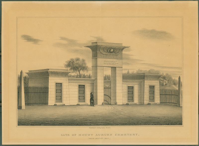 Drawing of ornate stone and iron cemetery gate