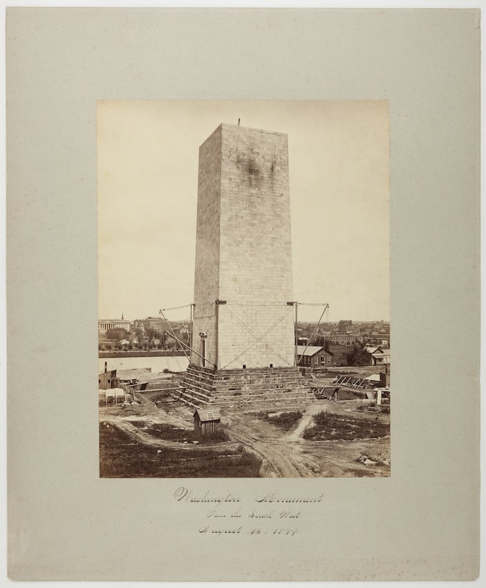 Washington Monument, mid-construction, view from the southwest