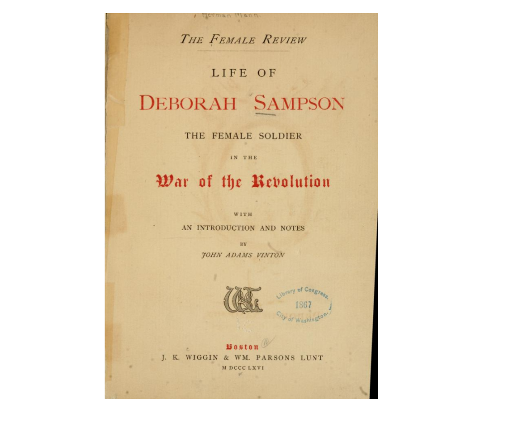 Title page of the book "The Female Review: Life of Deborah Sampson" with text in black and red ink.